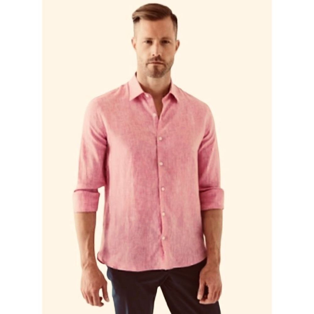 DKNY red/pink and white button down pure linen space dye chambray long sleeves